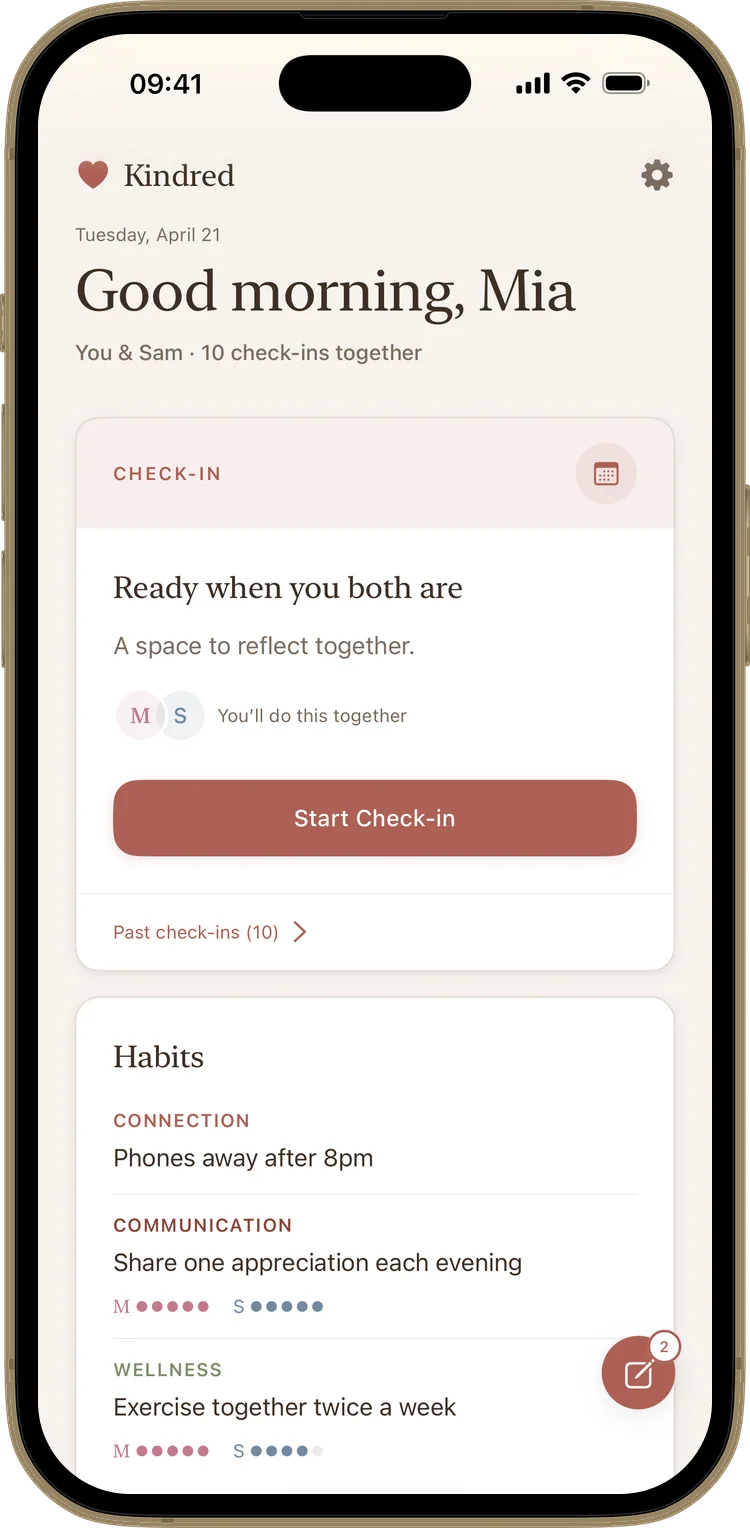 Kindred's home screen between check-ins, showing the couple's commitments