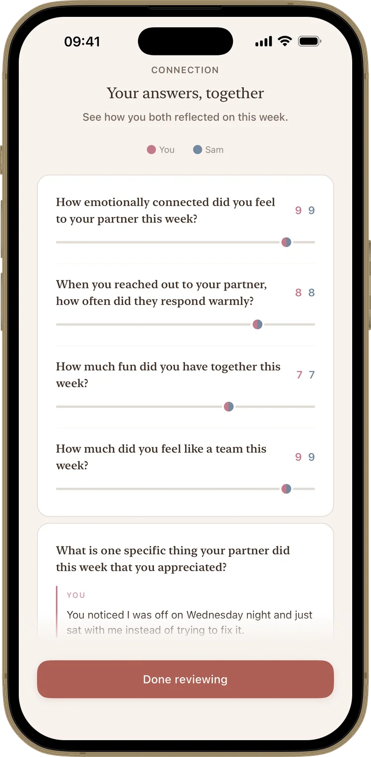 One partner's screen during the reveal in Kindred, the weekly couples check-in app