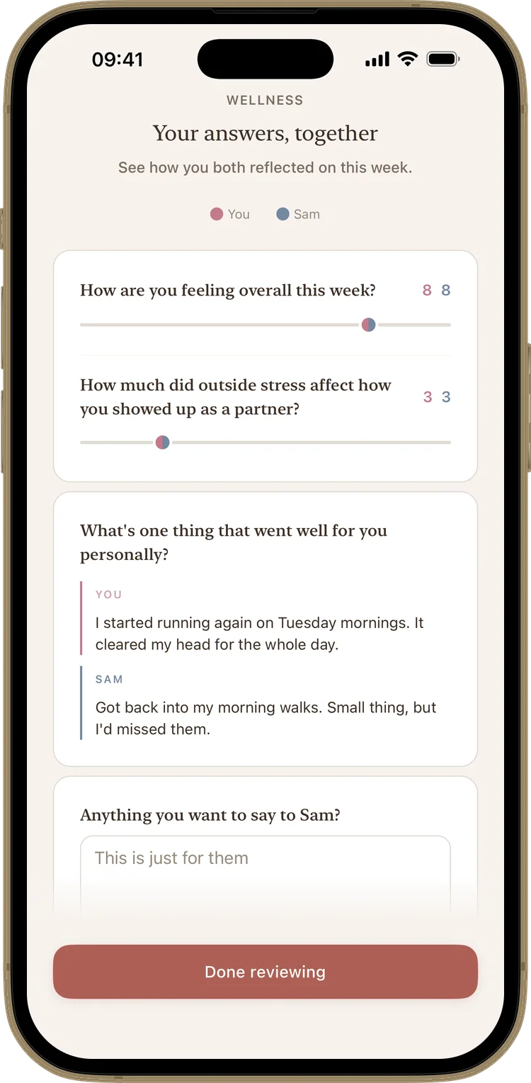 Both partners' answers shown side by side during a Kindred check-in reveal